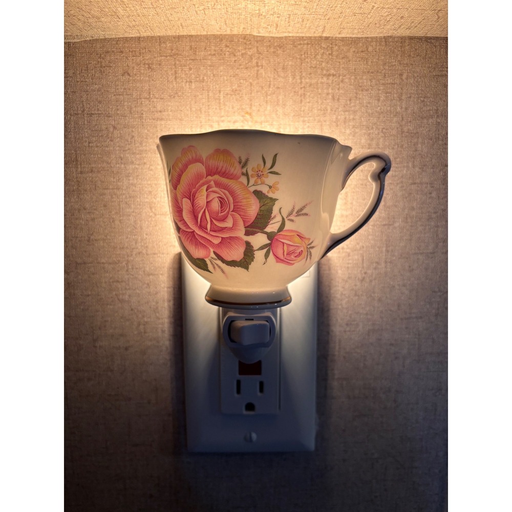 Handcrafted Vintage Teacup Night Light Pink Rose Floral Porcelain Plug In Lamp
